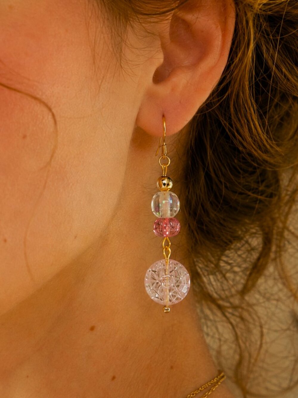 Pink & Gold Coquette Dangle Earrings, Iridescent Fairycore Earrings, Y2K Pastel